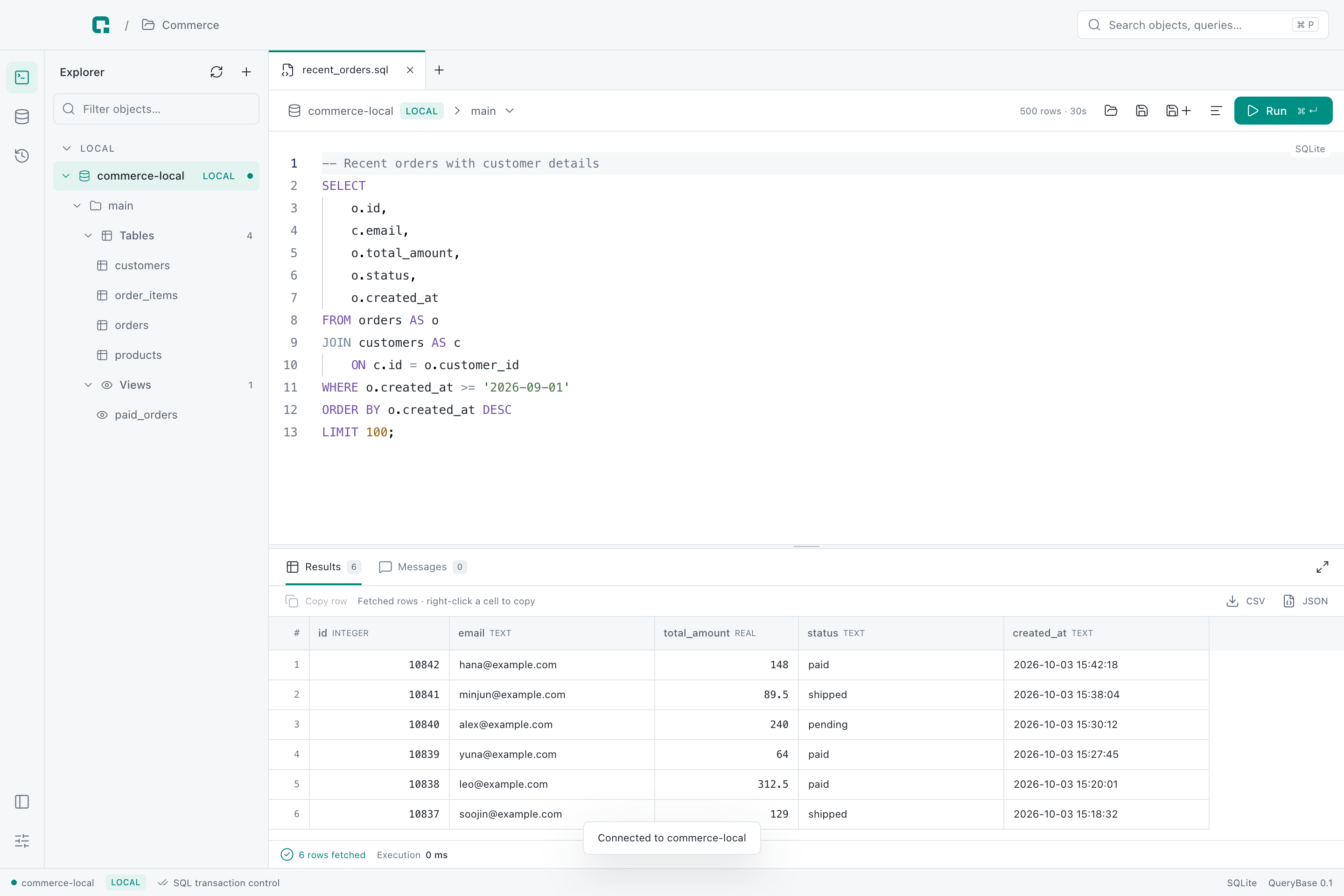 QueryBase 실제 개발 화면. 왼쪽의 SQLite 샘플 데이터베이스 탐색기, 중앙의 주문 조회 SQL, 아래의 6행 조회 결과를 함께 보여줍니다.